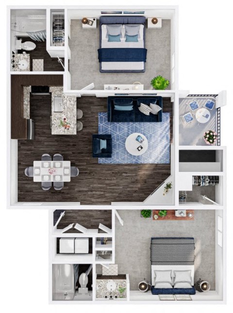 A top-down view of a small apartment layout with a kitchen, living room, and bedroom.
